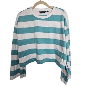 Vineyard Vines Shirt Long Sleeve Crop Top Blue White Striped Crop Tee Women L